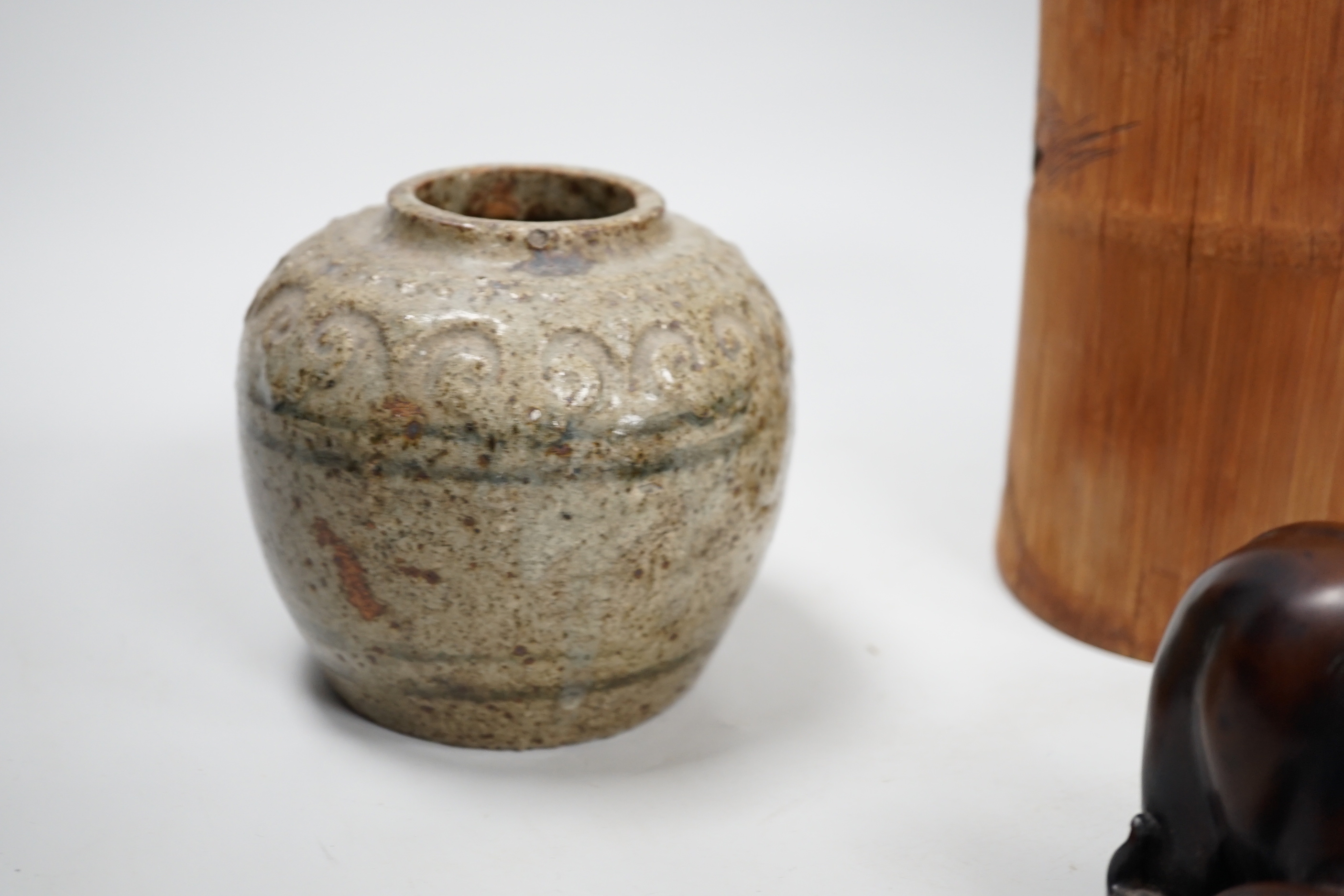Assorted Chinese items including carved bamboo brush pot and jar, the largest 18cm high